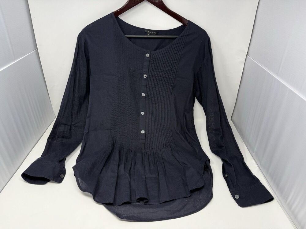 Theory Petite Pintuck Long Sleeve Navy Blue Cotton Blouse Size P